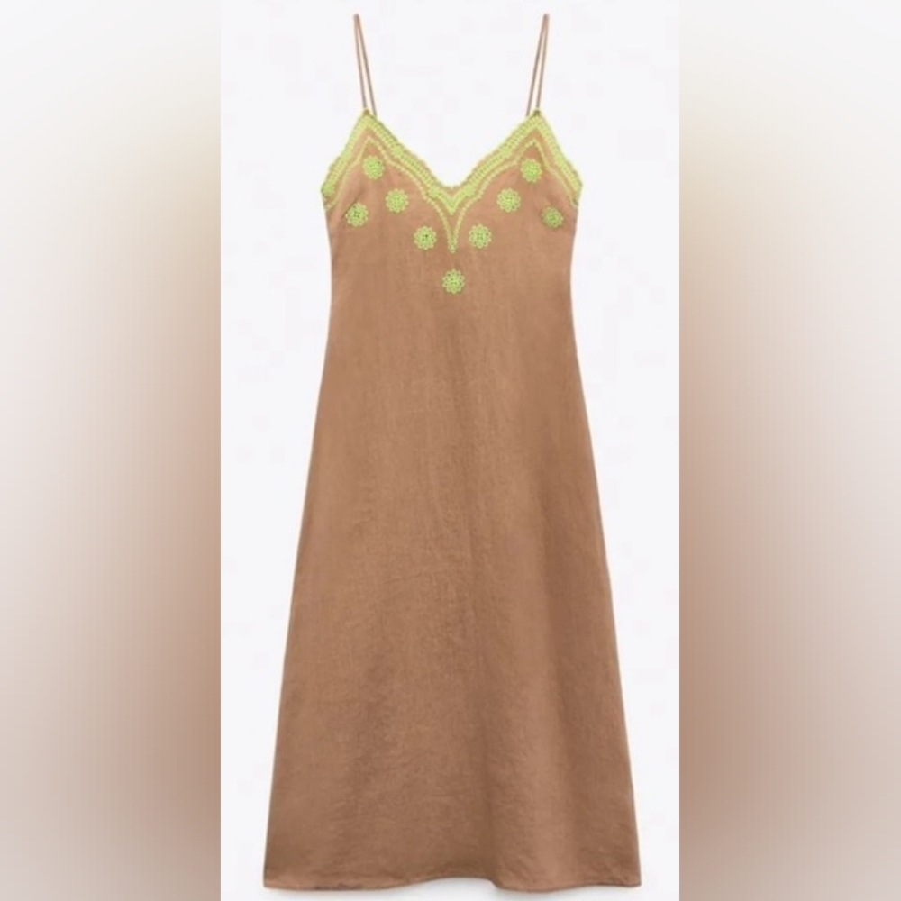 Zara Tan Women's Dress With Neon Green Embroidery & Adjustable Straps